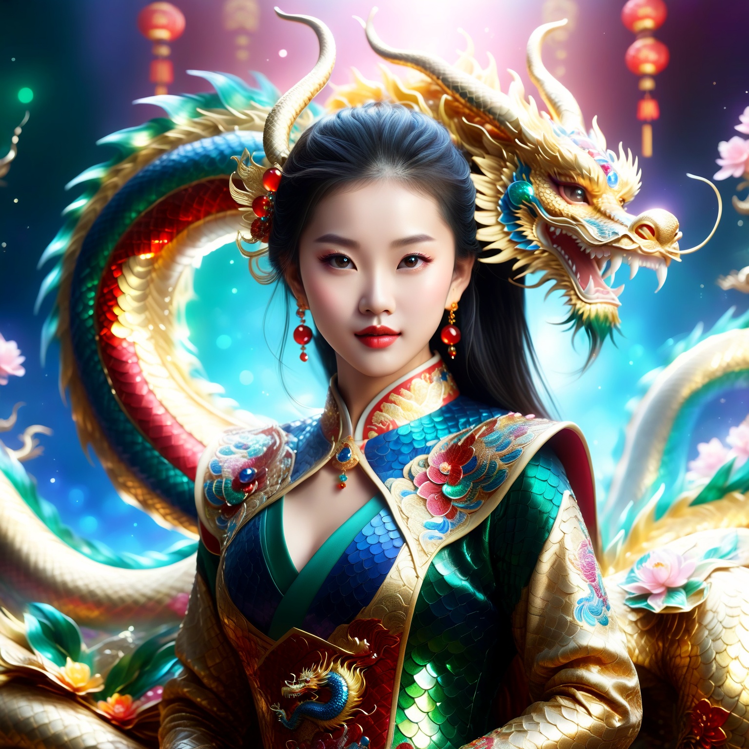 realistic style young girl,  entire body adorned with gemstones,  Chinese dragon form on Tensor.Art