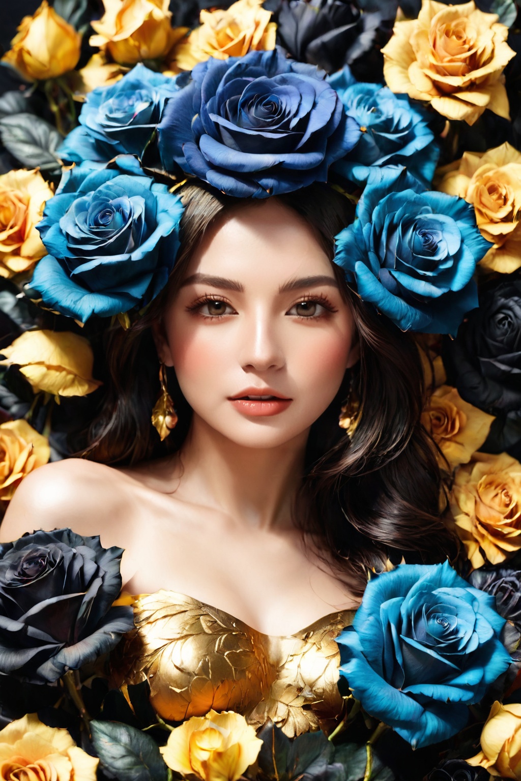 Woman with a mysterious face,  surrounded by realistic flowers and Gold Edged Black Roses,  high resolution on Tensor.Art