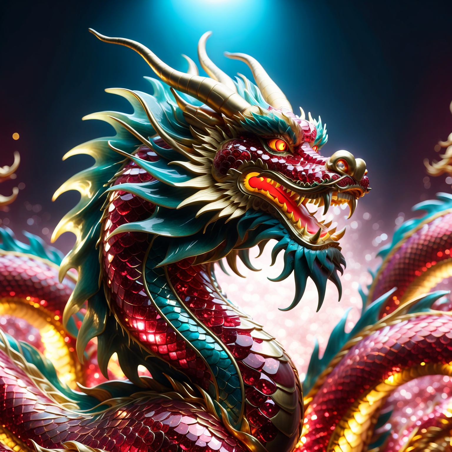 Chinese dragon made entirely of rubies,  shimmering and glowing,  intricate ruby texture on Tensor.Art
