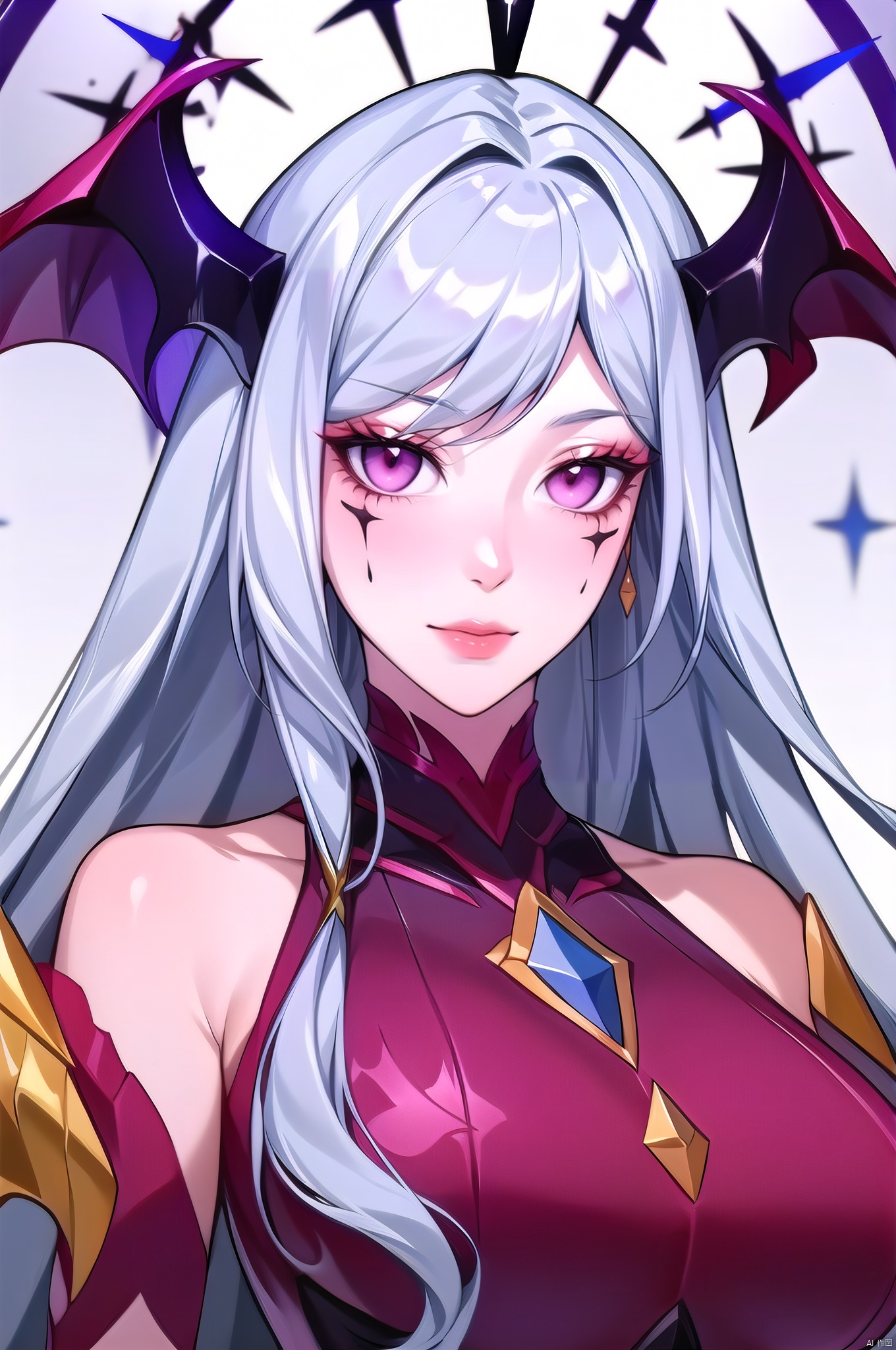 Chang, 1girl, solo, long hair, breasts, bare shoulders, pink eyes, wings, blue hair, large breasts, halo, upper body, facial mark, looking at viewer, bangs, horns,  nice hands, Chang