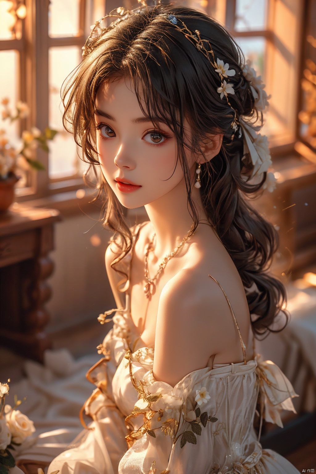  {{masterpiece}}, {best quality}}, {superfine}, {{extremely thin}, 4K, {8K}, best quality, {beauty}, a girl, solo, taking a selfie against the window, light orange and light gold style, white knitwear, advanced magazine, noble and elegant, elegant temperament, lifelike, aesthetic, floral, romantic femininity, long hair, black hair, necklace, bare shoulders, flowers, hair accessories, upper body, shoulder off, powder blusher, makeup Lips, collarbone, long sleeves, Tyndale effect, 8K, large aperture, century masterpiece

, mtianmei, mgirl