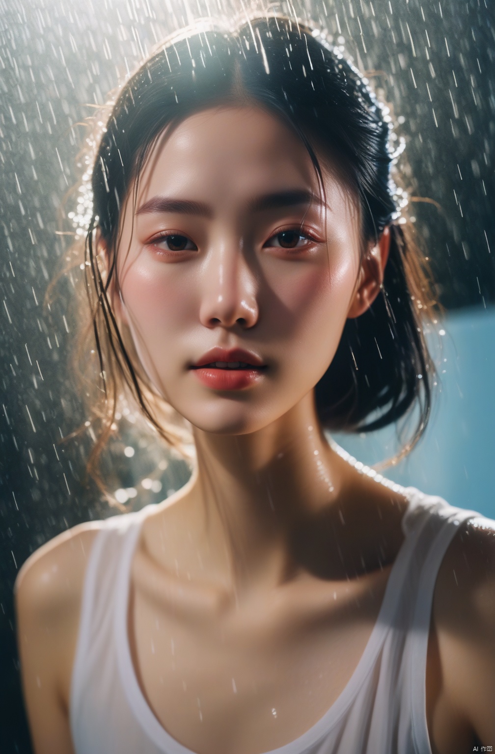 photographic of a Chinese girl wet T-shirt water drops, splash detailed, surreal dramatic lighting shadow (lofi, analog), kodak film by Brandon Woelfel Ryan McGinley