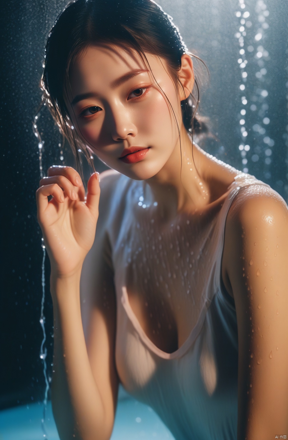 photographic of a Chinese girl wet T-shirt water drops,  splash detailed,  surreal dramatic lighting shadow (lofi on Tenso...