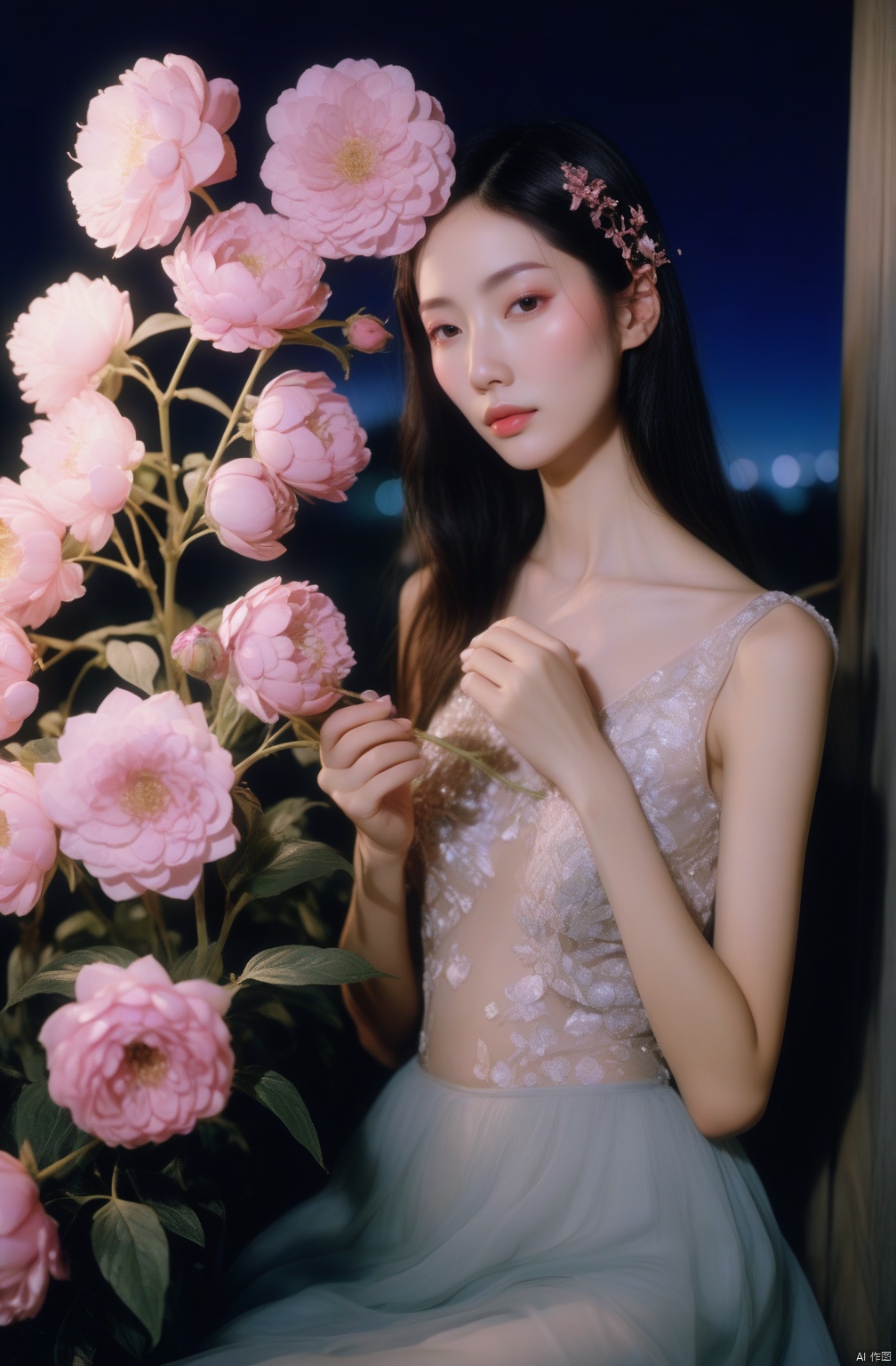 Surrealism, (ultra high res:0.55), woman, skinny,  (asian:0.65),
flowers blooming, Fujifilm Provia 400X, heavy breathing, night view, Surrealism, crystal,
aesthetic, :3, [luxury fabrics|armor|smock], Exquisite,
delicate, elaborate, exquisite, elegant, graceful
