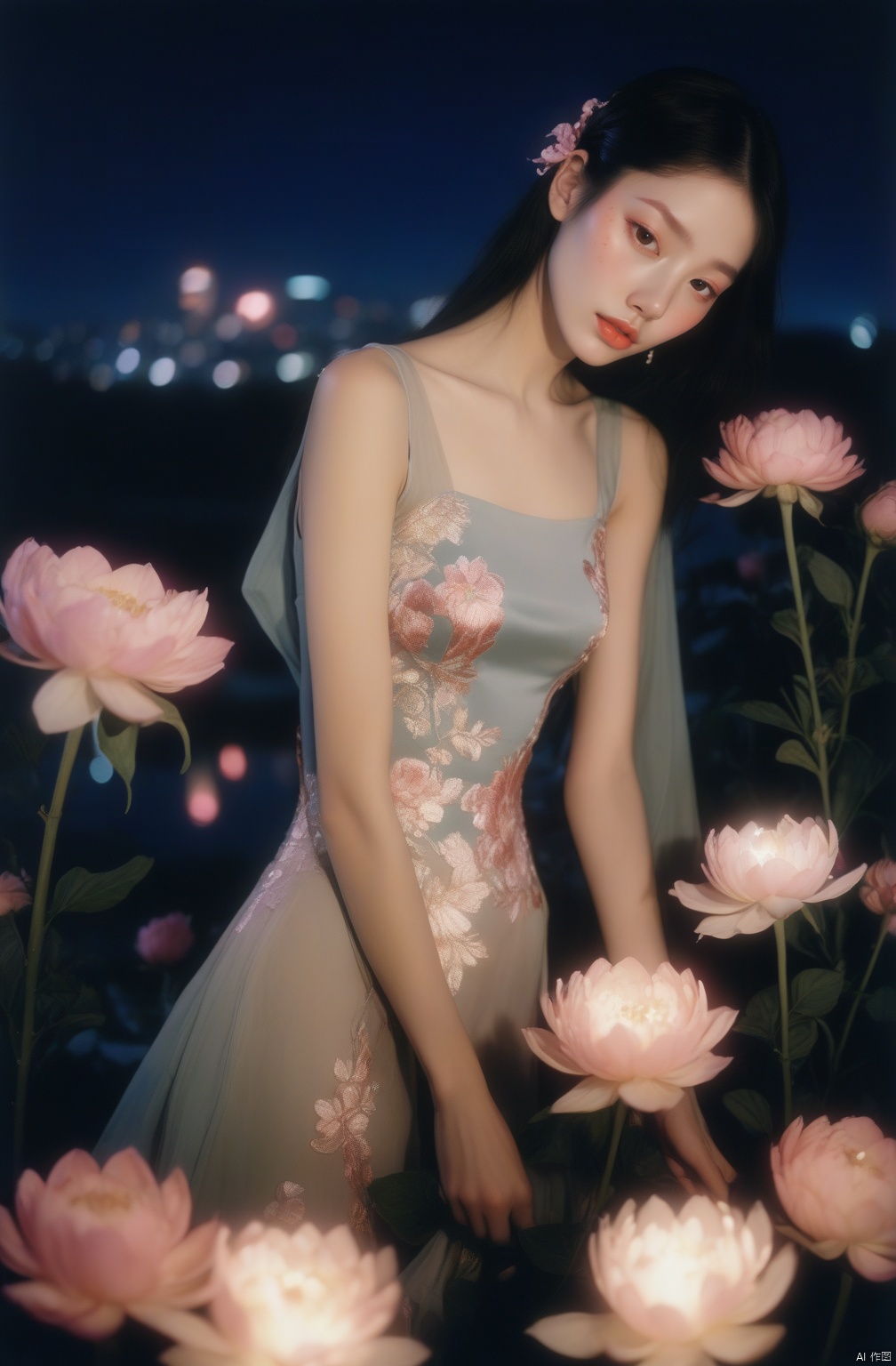 Surrealism, (ultra high res:0.55), woman, skinny,  (asian:0.65),
flowers blooming, Fujifilm Provia 400X, heavy breathing, night view, Surrealism, crystal,
aesthetic, :3, [luxury fabrics|armor|smock], Exquisite,
delicate, elaborate, exquisite, elegant, graceful

