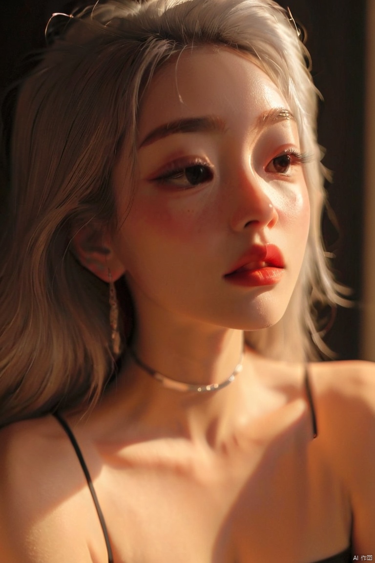  sam yang,1girl, backlighting, bare shoulders, black choker, blurry, blurry background, blush, breasts, choker, cleavage, closed mouth, collarbone, earrings, forehead, freckles, hair over shoulder, jewelry, long hair, looking down, pointy nose, red lips, shadow, solo, thick eyebrows, thick eyelashes, upper body, white hair, ((masterpiece)), Samdoesarts