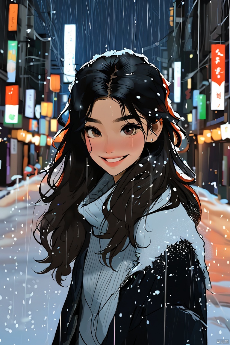 1girl, night, Tokyo, the streets, snow, long hair, lights,upper body, looking at viewer, smile, , Samdoesarts, concept art