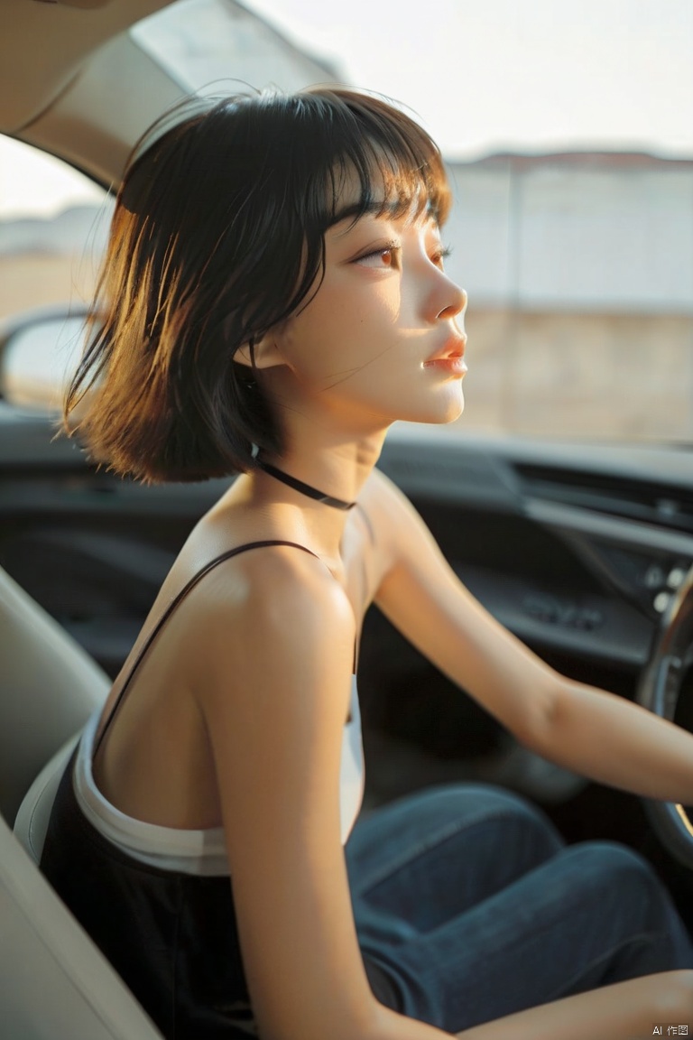  sam yang,1girl, bangs, black hair, blurry, blurry background, brown eyes, car interior, choker, from side, lips, motion blur, off shoulder, short hair, sitting, solo, **** top, ((masterpiece)), SAM YANG
