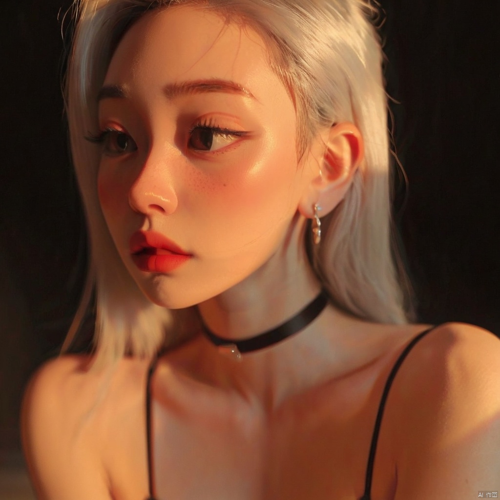  sam yang,1girl, backlighting, bare shoulders, black choker, blurry, blurry background, blush, breasts, choker, cleavage, closed mouth, collarbone, earrings, forehead, freckles, hair over shoulder, jewelry, long hair, looking down, pointy nose, red lips, shadow, solo, thick eyebrows, thick eyelashes, upper body, white hair, ((masterpiece)), Samdoesarts
