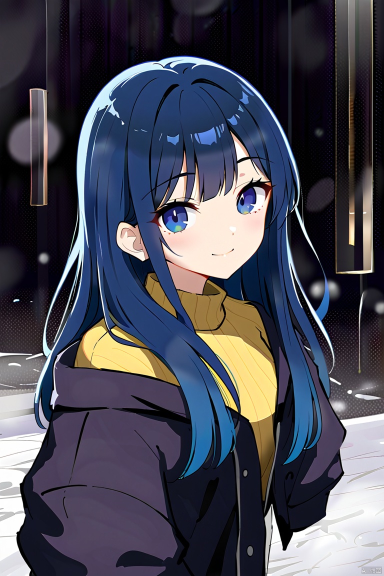  1girl, night, Tokyo, the streets, snow, long hair, lights,upper body, looking at viewer, smile, , Samdoesarts, concept art
