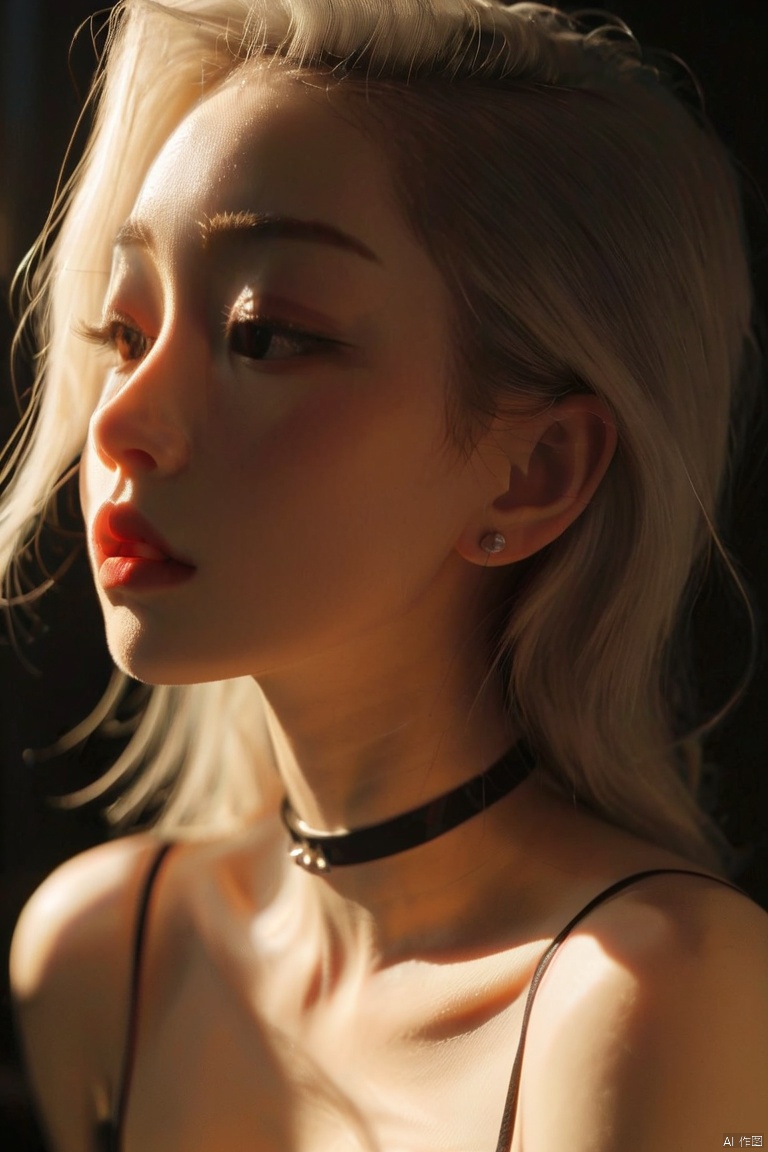  sam yang,1girl, backlighting, bare shoulders, black choker, blurry, blurry background, blush, breasts, choker, cleavage, closed mouth, collarbone, earrings, forehead, freckles, hair over shoulder, jewelry, long hair, looking down, pointy nose, red lips, shadow, solo, thick eyebrows, thick eyelashes, upper body, white hair, ((masterpiece)), Samdoesarts