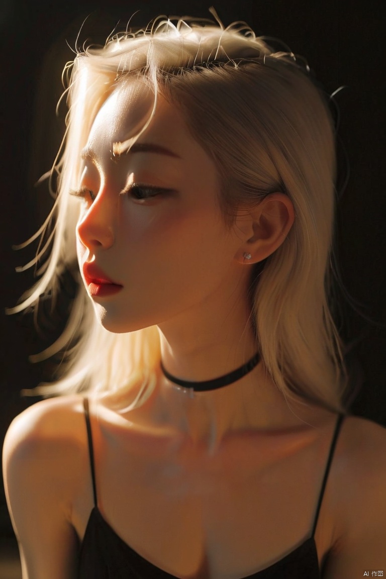  sam yang,1girl, backlighting, bare shoulders, black choker, blurry, blurry background, blush, breasts, choker, cleavage, closed mouth, collarbone, earrings, forehead, freckles, hair over shoulder, jewelry, long hair, looking down, pointy nose, red lips, shadow, solo, thick eyebrows, thick eyelashes, upper body, white hair, ((masterpiece)), Samdoesarts