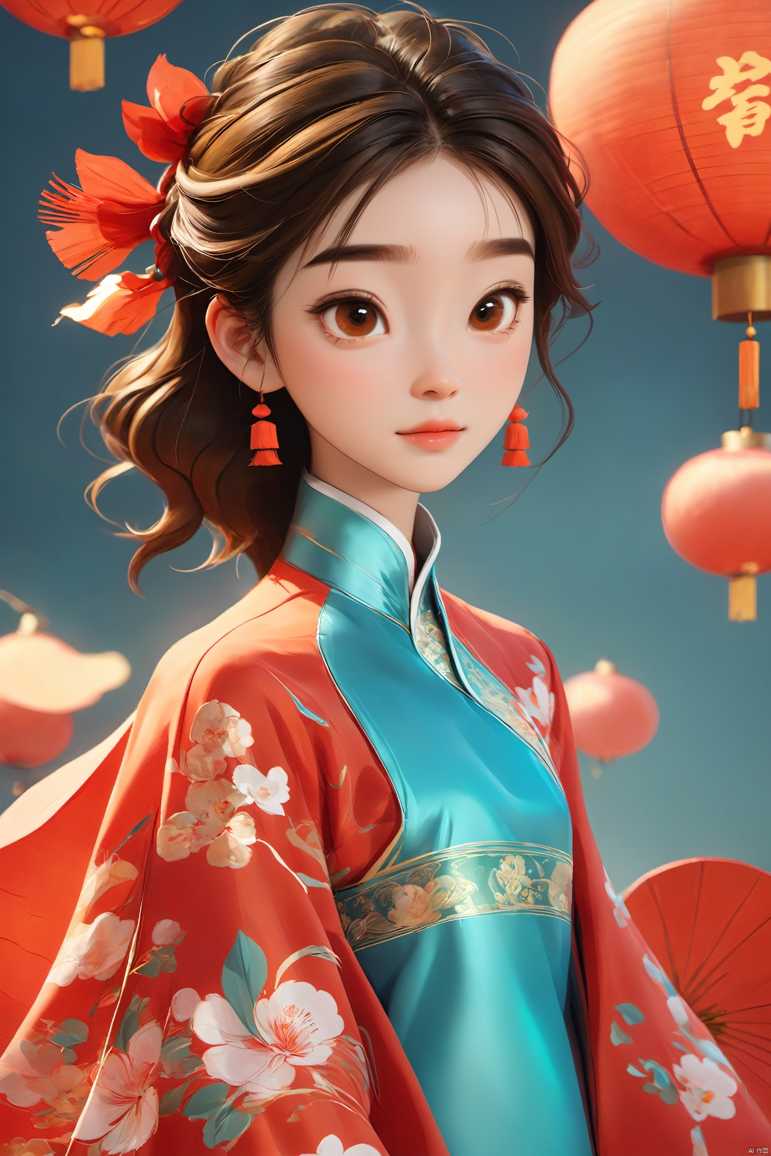  Girl, realistic 3d cartoon style rendering, 18 years old, (whole body :1.5), wearing New Year red Chinese Tang suit, fashionable clothing, New Year background, interactive film style, edge lighting, soft gradient, charming illustration, 3d rendering, OC rendering, best quality, 8K, Super detail, sunlight, realistic, Samdoesarts
