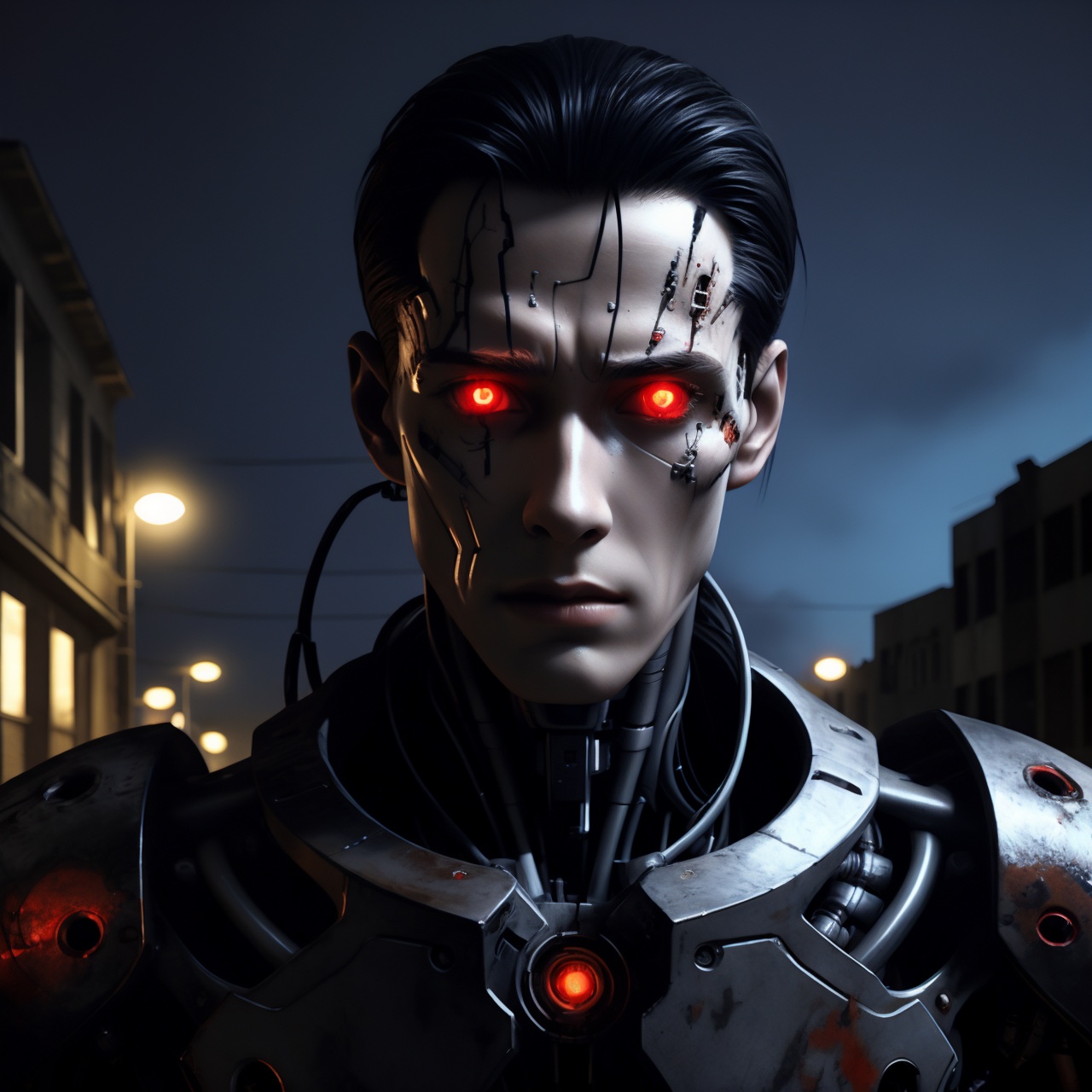 a t800 cyborg walking through a ruined city at night, close up, photorealistic, realistic, dark, horror, frightening, glowing red eyes, t800, cyborg, sky, smoke, buildings