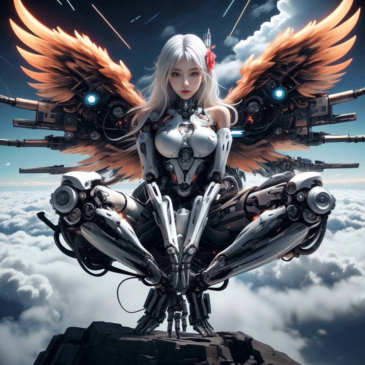 (cyberpunk:1.5),(Semi mechanical girl:1.6),(cyborg:1.5),(mechanical wings:1.2),(((High detail))),dynamic,cinematic,amazing,realistic lighting and shadows,vivid,vibrant,8k,Octane rendering,Unreal Engine,Very Detailed,Realistic,(Sea of clouds, stars, meteors across the night sky :1.3),1mechanical Girl,mechanical Angel,(solo:1.6),Holy mechanical Angel,angel,(great mechanical wings:1.6),standing above the clouds,looking solemnly down,Cloud,Cloud foot,cloudy,(Natural movement:1.4),flower,hair flower,(cloudy day, sky :1.4),long hair,white hair,hair mechanical decoration,chest,bare shoulders,white Tight armor,(whole body :1.2),a tense shot,(sky red, visual impact, Give the poster a dynamic, visually striking look :1.2),Chinese Zen style,impact pictures,Bare legs,bare feet,