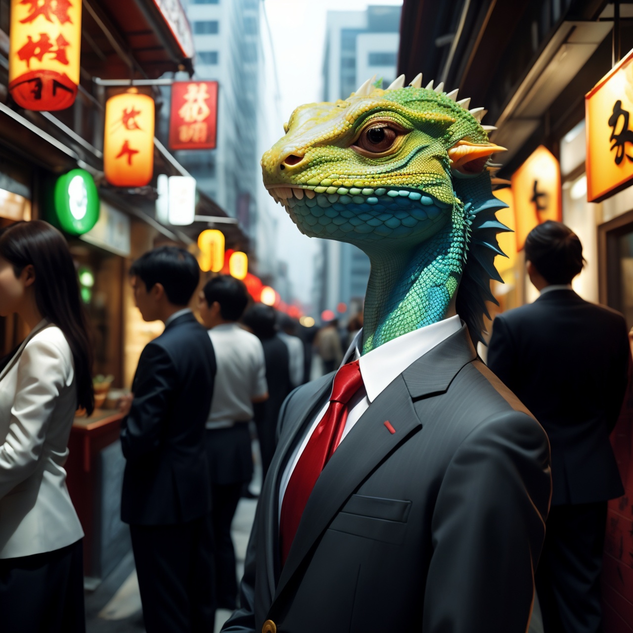 a lizard like lawyer in a business suit waiting in line outside a popular noodle restaurant,scales,casual,crowded,realistic,intricate,highly detailed,