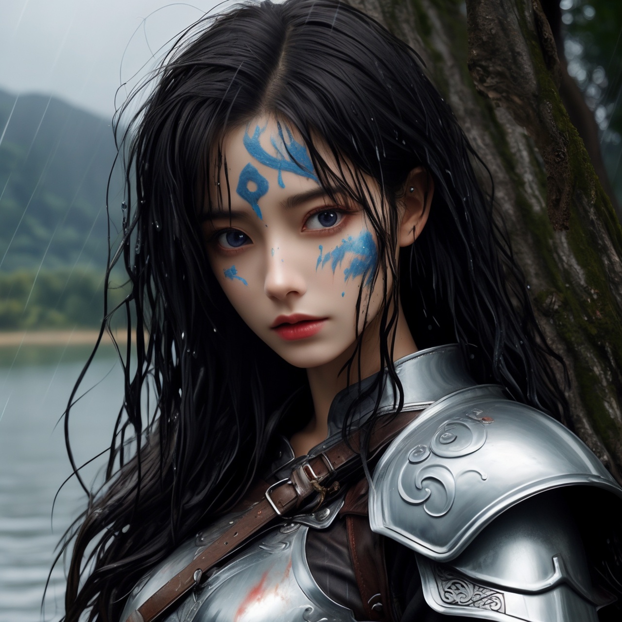 a viking woman with wet hair and leather armor leaning against a tree, lake in the background, raining, overcast, smeared war face paint, leather armor, realistic, intricate, highly detailed