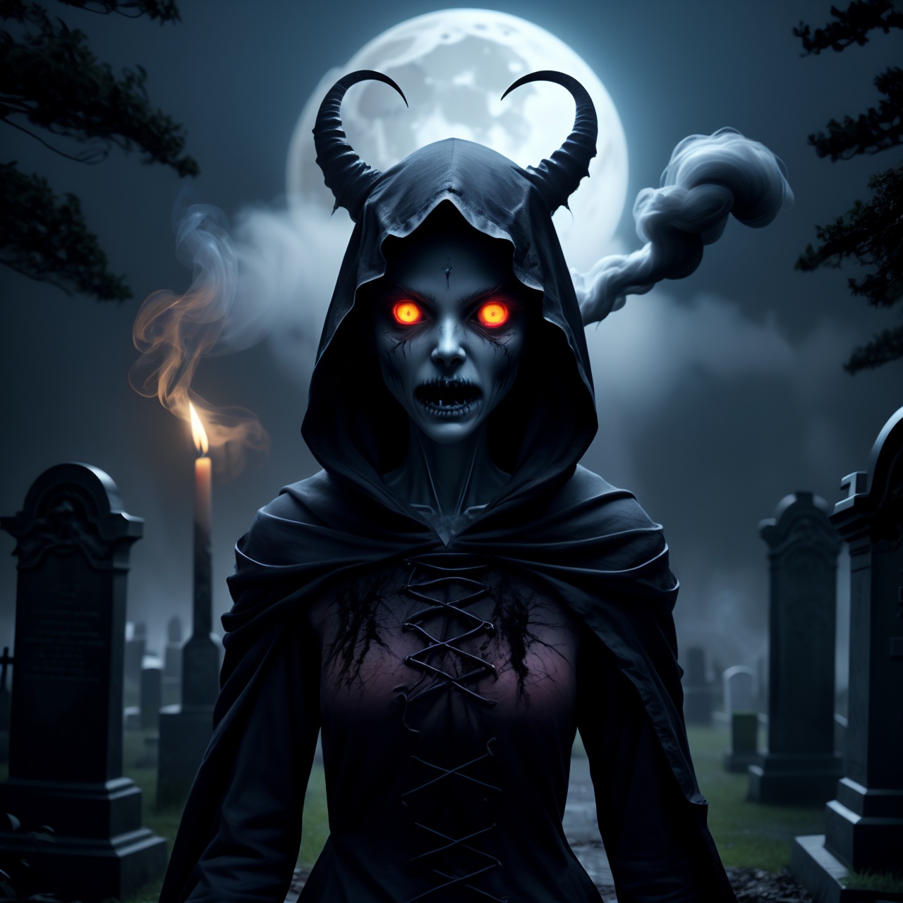 fantchar, a frightening creature with a demonic face and a wraith body walking through a foggy moonlit cemetery at night, ghostly, hooded, fire eyes, transparent, spectral, vapor, realistic, candles, moon, ceremonial, smoke, creepy, terrifying, terror, horror, pentagram, highly detailed, intricate