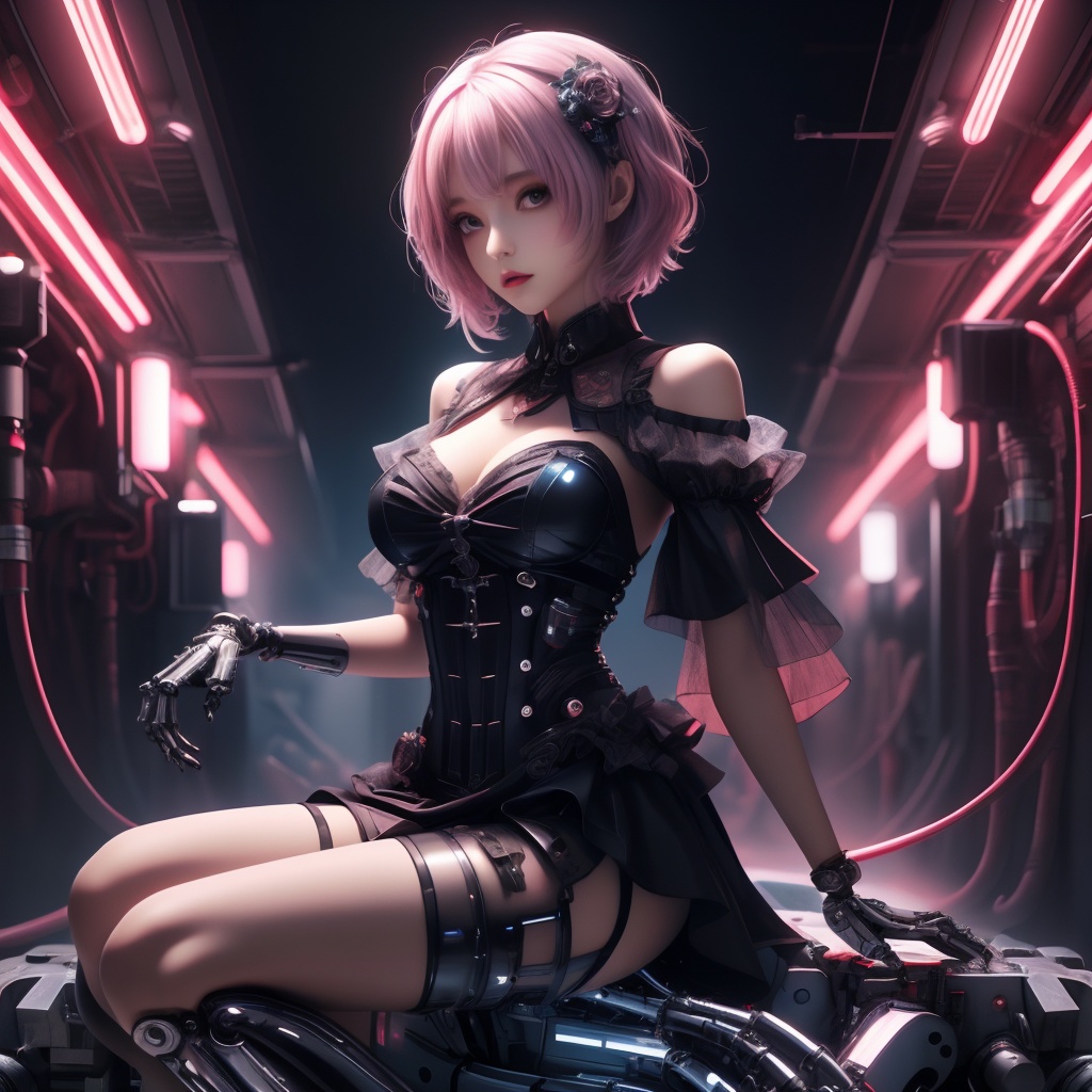 (masterpiece, top quality, best quality, official art, beautiful and aesthetic:1.2),(1girl:1.4),full body,([pink|blue] hair),extreme detailed,(fractal art:1.3),colorful,highest detailed,((Mechanical modification)),(modification),Maiden,Half-sitting,A complex mechanical conduit is inserted into the back,neon background,neon city,night,large breasts,gothic_lolita,high heels,concept clothing,short hair,concept clothing,garment draping,contrast,color patches,holographic,