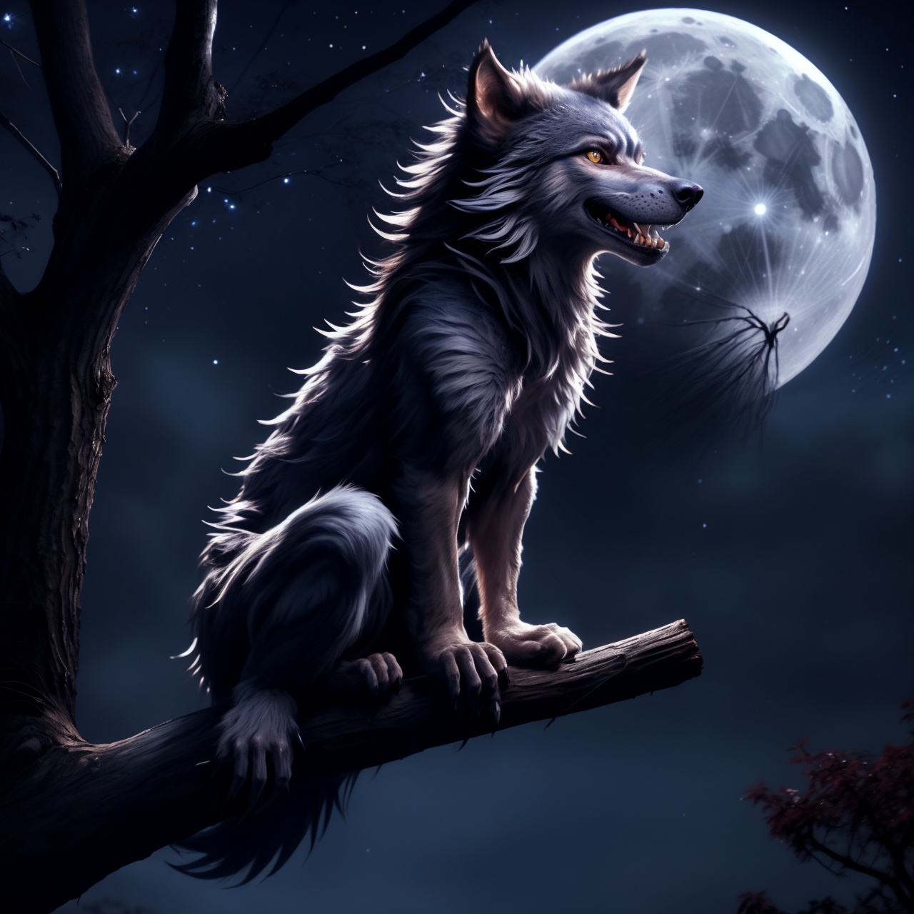 a werewolf perched on a tree limb with night sky and a full moon in the background, stars, full moon, bare limbs, realistic, intricate, highly detailed