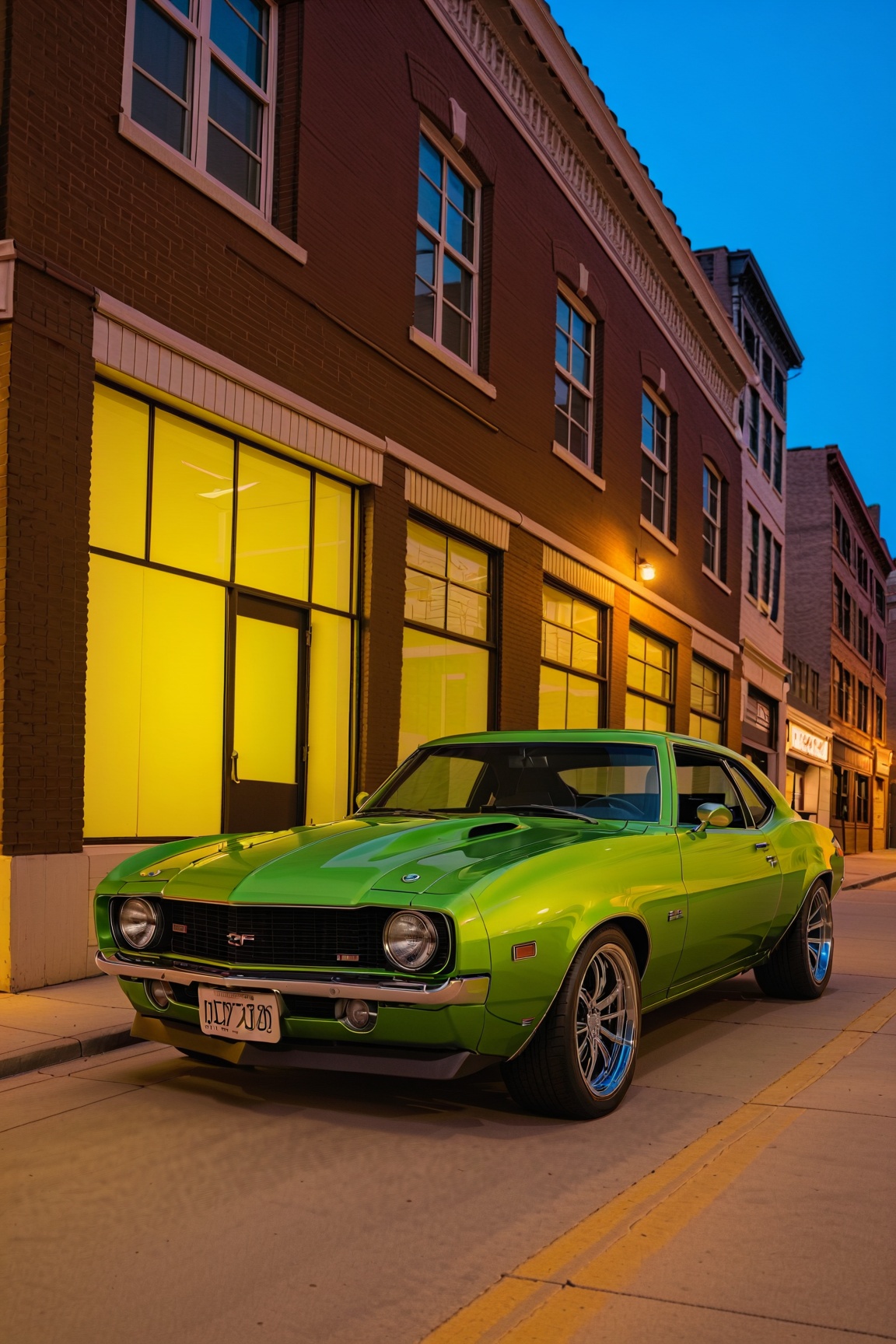 a stunning 1969 Z28 lowered with custom wheels. Hotrod magazine photoshoot downtown at night. cinematic lighting by MAGIC...