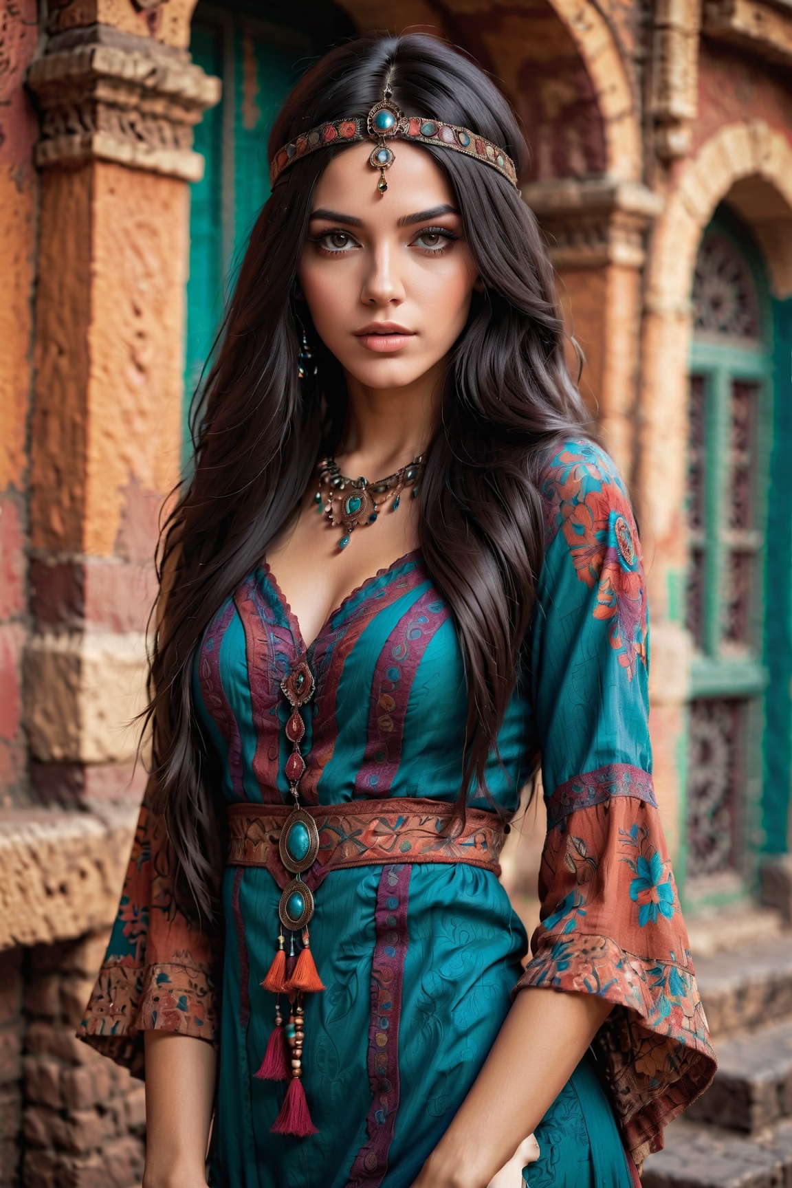 Master professional photography,  beautiful woman in bohemian dress and accessories,  extreme textures and details on Tens...