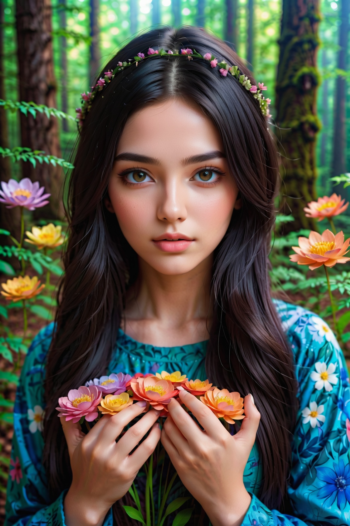girl in a forest with floating flowers,  river,  puffy on Tensor.Art