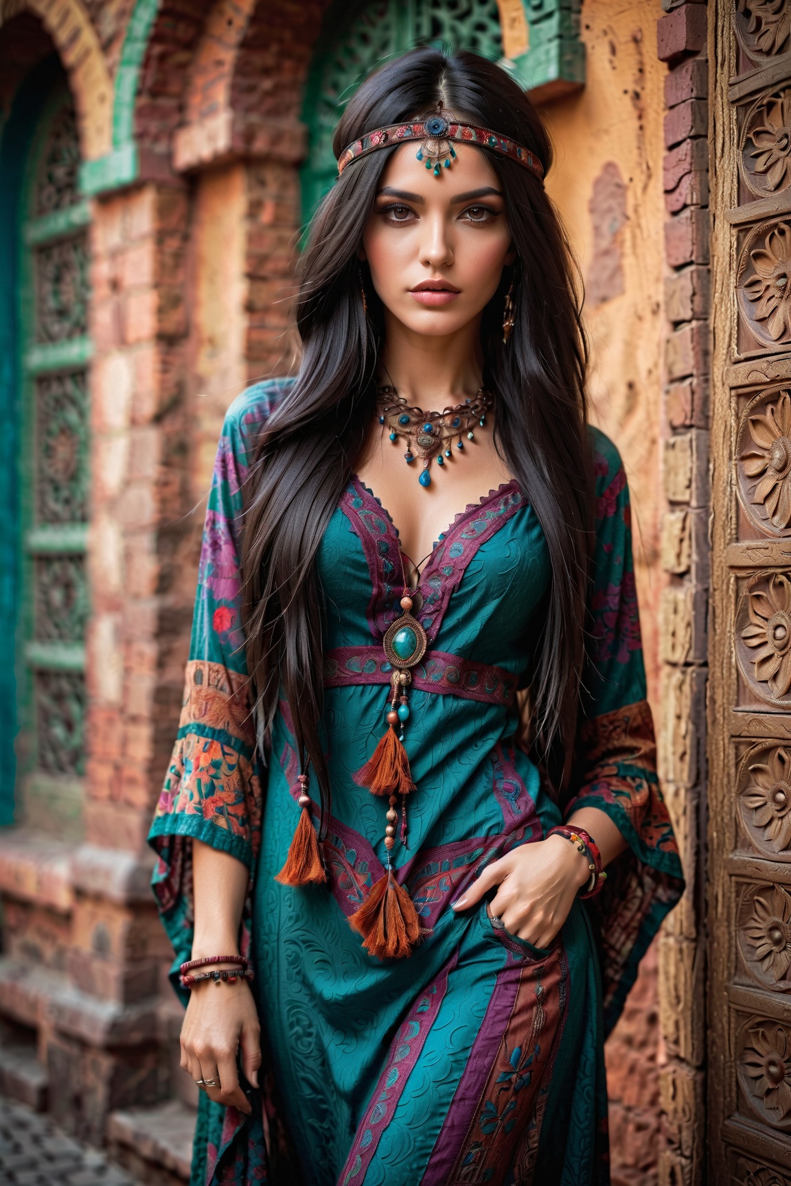 Master professional photography,  beautiful woman in bohemian dress and accessories,  extreme textures and details on Tens...
