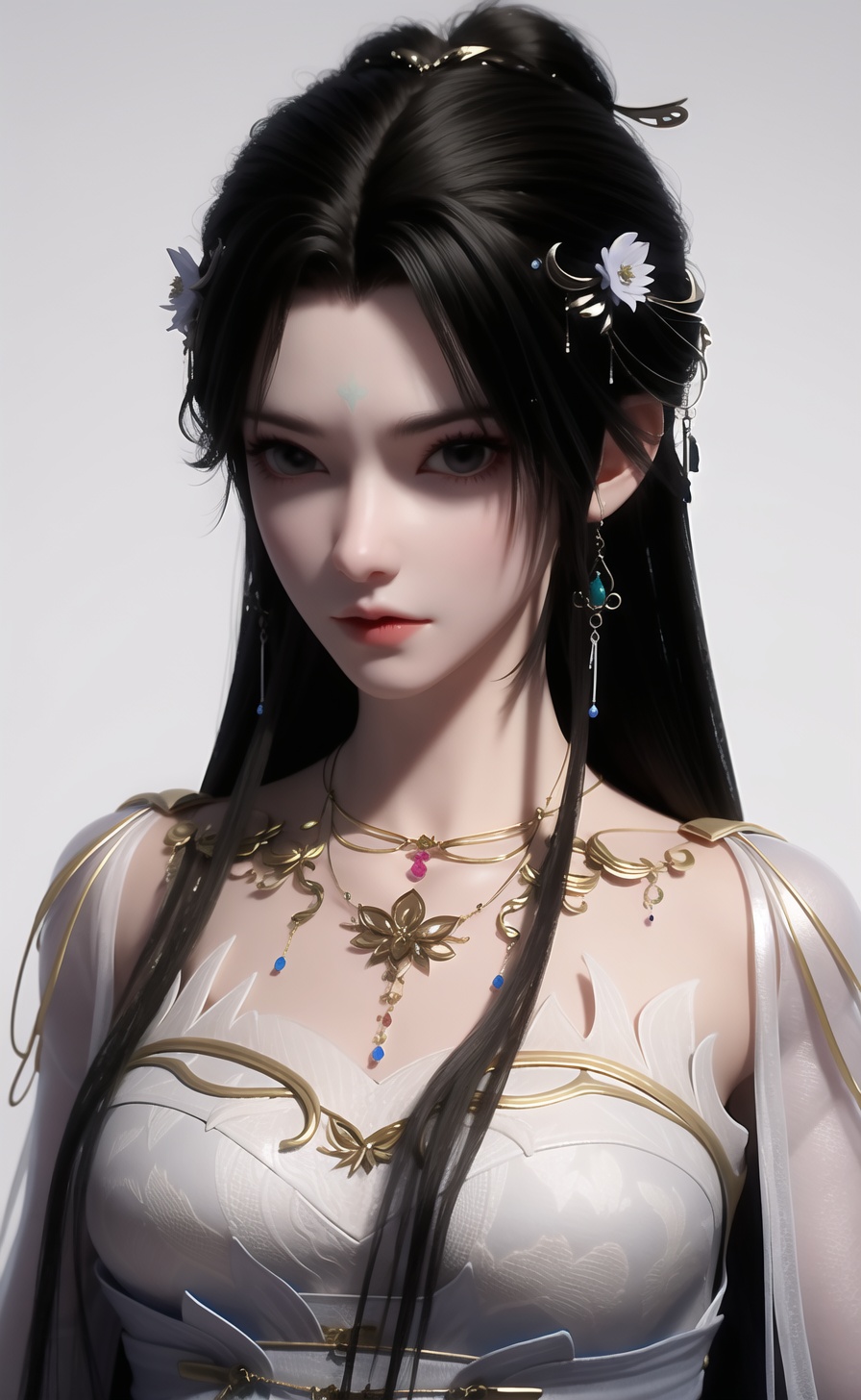 qingyi,1girl,solo,jewelry,hair ornament,long hair,necklace,upper body,dress,earrings,blurry background,facial mark,forehead mark,black hair,looking at viewer,expressionless,white dress,blurry,hair bun,<lora:清漪-000011:0.8:lbw=role>,, 1girl,,  (masterpiece,best quality:1.2),absurdres
