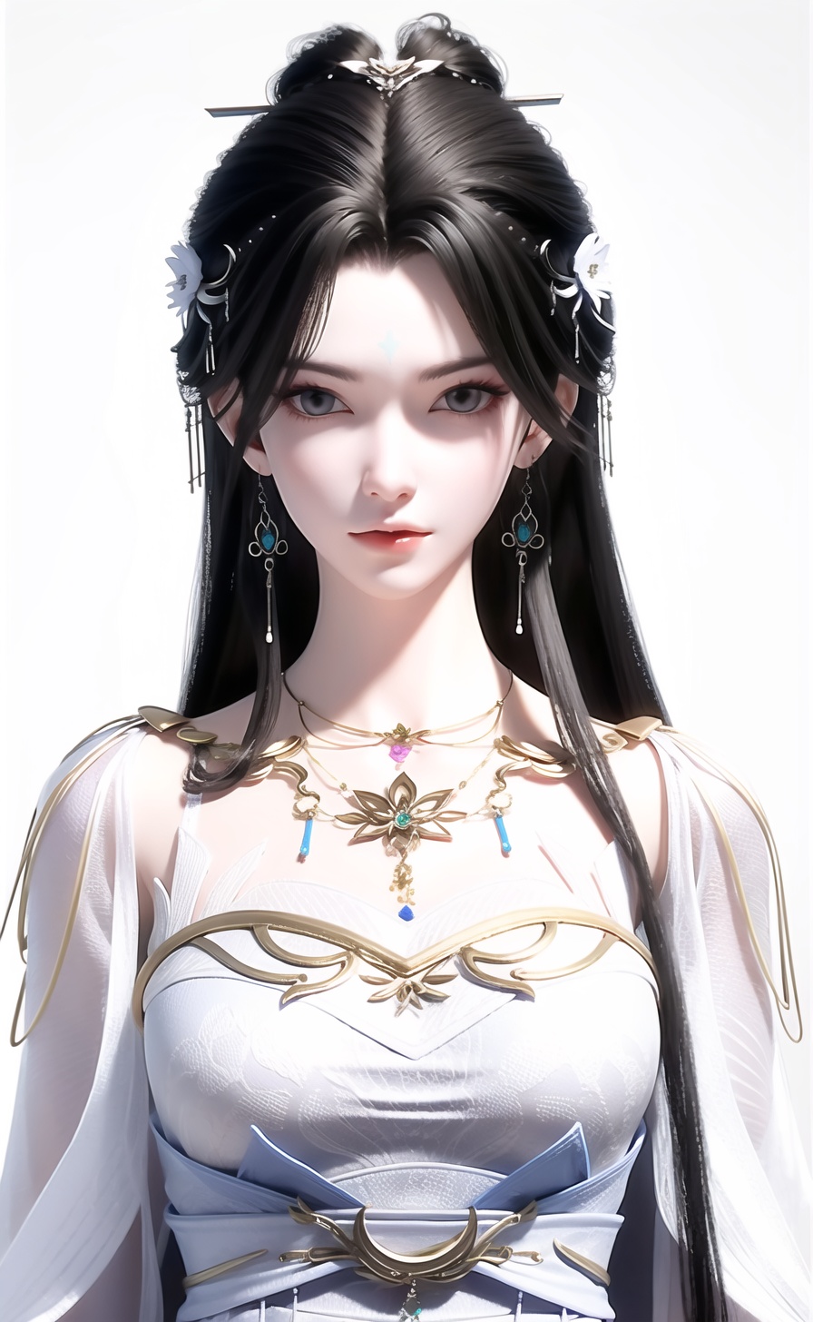qingyi,1girl,solo,jewelry,hair ornament,long hair,necklace,upper body,dress,earrings,blurry background,facial mark,forehead mark,black hair,looking at viewer,expressionless,white dress,blurry,hair bun,<lora:清漪-000011:0.8:lbw=role>,, 1girl,,  (masterpiece,best quality:1.2),absurdres