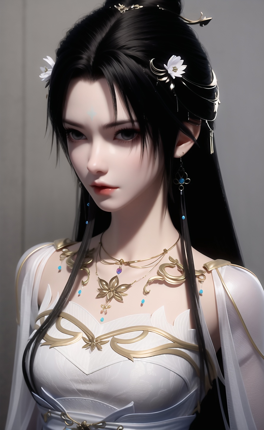 qingyi,1girl,solo,jewelry,hair ornament,long hair,necklace,upper body,dress,earrings,blurry background,facial mark,forehead mark,black hair,looking at viewer,expressionless,white dress,blurry,hair bun,<lora:清漪-000011:0.8:lbw=role>,, 1girl,,  (masterpiece,best quality:1.2),absurdres