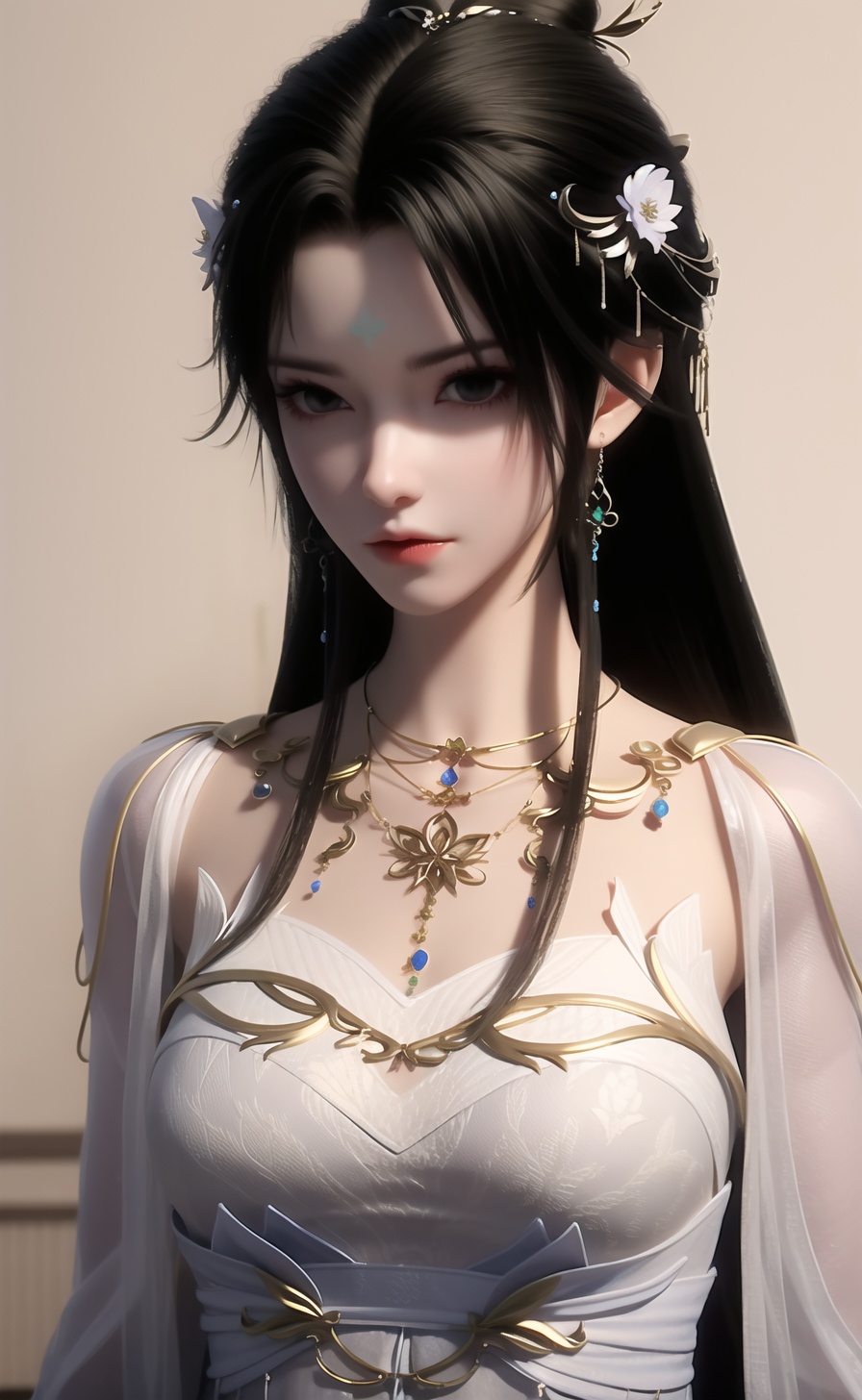 qingyi,1girl,solo,jewelry,hair ornament,long hair,necklace,upper body,dress,earrings,blurry background,facial mark,forehead mark,black hair,looking at viewer,expressionless,white dress,blurry,hair bun,<lora:清漪-000011:0.8:lbw=role>,, 1girl,,  (masterpiece,best quality:1.2),absurdres