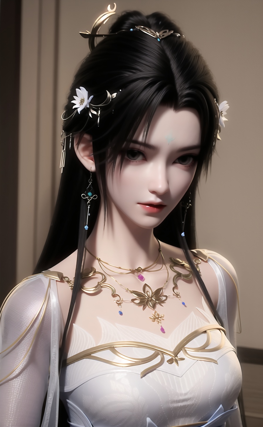 qingyi,1girl,solo,jewelry,hair ornament,long hair,necklace,upper body,dress,earrings,blurry background,facial mark,forehead mark,black hair,looking at viewer,expressionless,white dress,blurry,hair bun,<lora:清漪-000011:0.8:lbw=role>,, 1girl,,  (masterpiece,best quality:1.2),absurdres