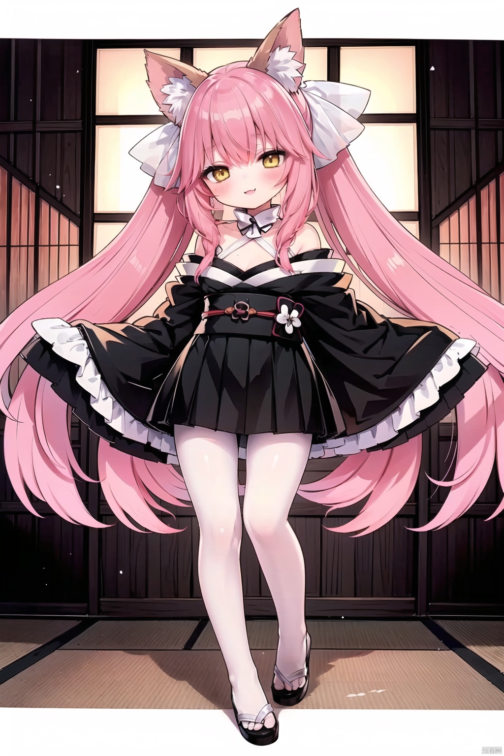  ((best quality)),((masterpiece)),((ultra-detailed)),(illustration),(detailed light),(an extremely delicate and beautiful),((trim)),no shoes, 1girl, pantyhose, solo, tail, pink hair, white pantyhose, animal ears, smile, long hair, fox tail, japanese clothes, blush, twintails, fox ears, kimono, loli, tamamo