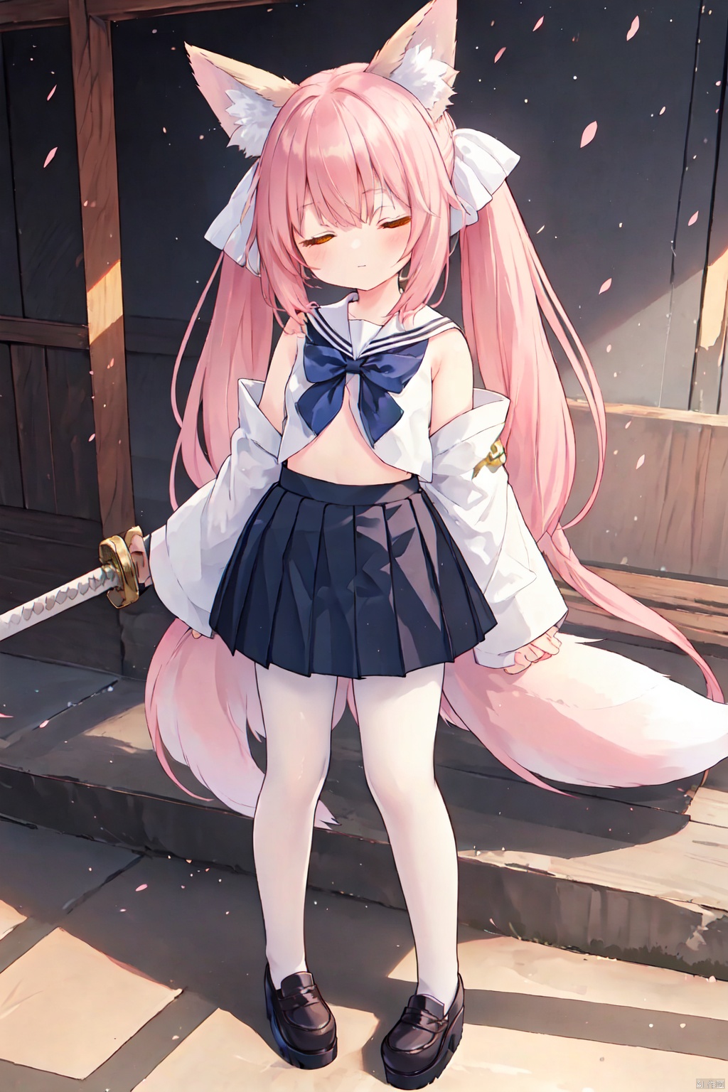  (masterpiece:1.1), (best quality:1.2), highres, original, extremely detailed wallpaper, 1girl, solo, (half-closed eyes), loli, school uniform, collared shirt, pleated skirt, unbuttoned,shy, hair bow, bowtie, very long hair, sitting, full body, pink hair, yellow eyes, animal ears, twintails, （fox ears, fox Tail）, hair ornament,white pantyhose, yellow bow, braid, bare shoulders, white pantyhose, platform footwear,weapon, Samurai Sword, serafuku, loafers, white thighhighs, ray tracing, tamamo