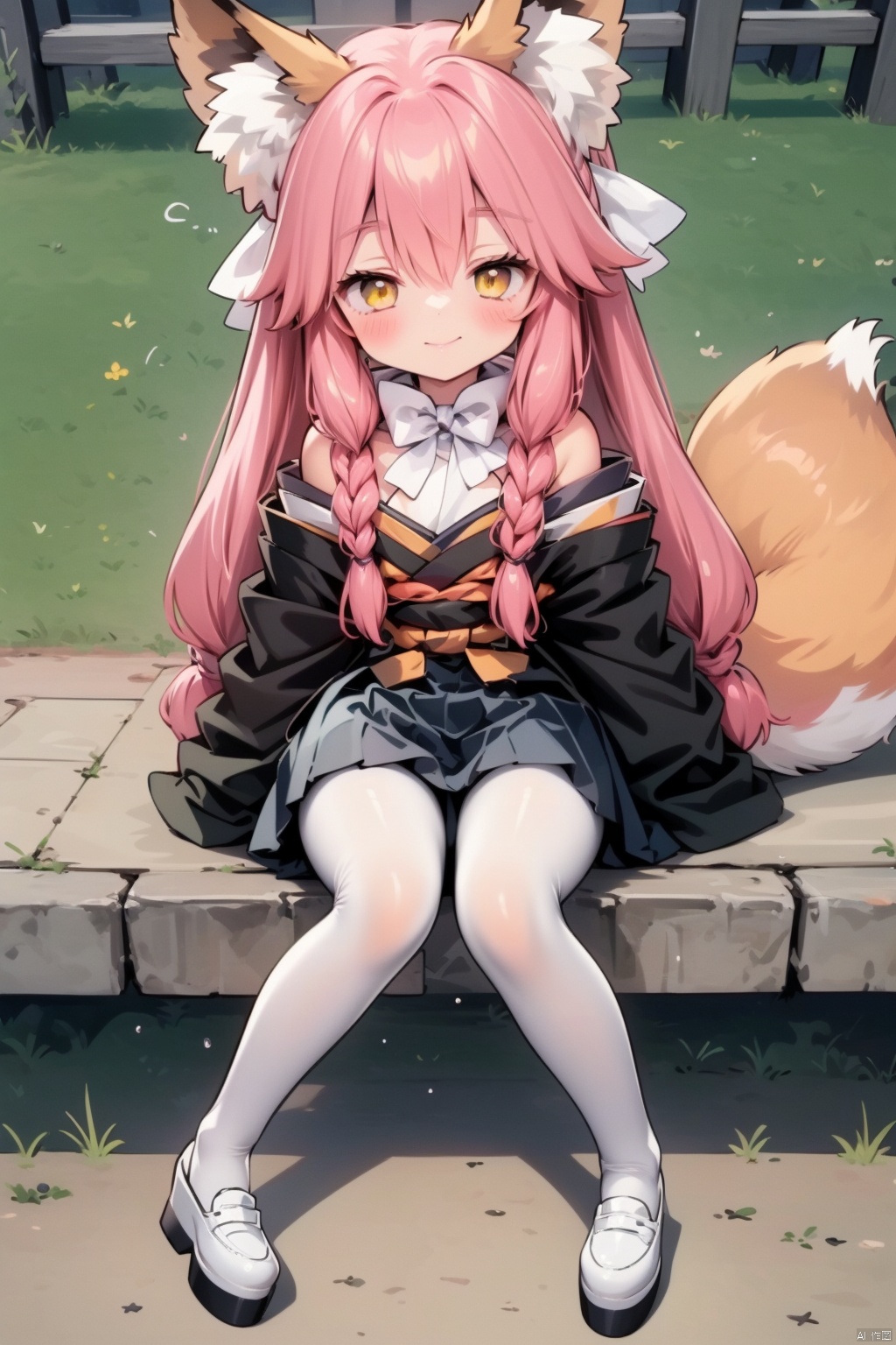  (masterpiece:1.1), (best quality:1.2), highres, original, extremely detailed wallpaper, 1girl, solo, (half-closed eyes), loli, school uniform, collared shirt, pleated skirt, unbuttoned, shy, hair bow, bowtie, very long hair, sitting, full body, pink hair, yellow eyes, animal ears, twintails, （fox ears, fox Tail）, hair ornament, white pantyhose, yellow bow, braid, bare shoulders, white pantyhose, platform footwear, weapon, Samurai Sword, serafuku, loafers, white thighhighs, ray tracing, tamamo