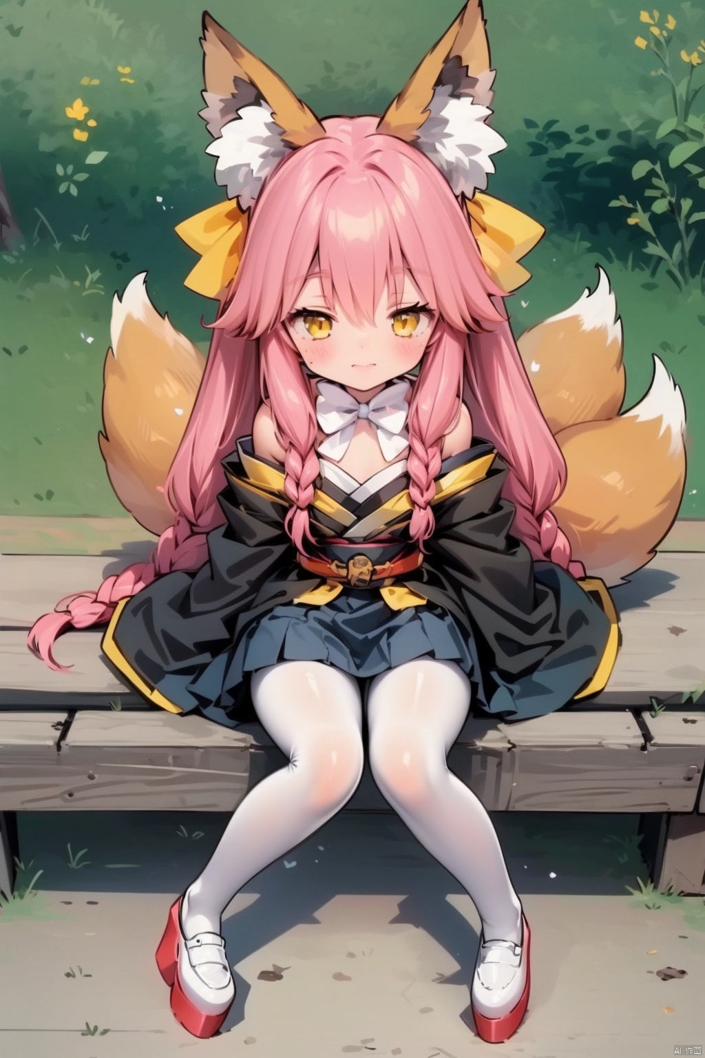  (masterpiece:1.1), (best quality:1.2), highres, original, extremely detailed wallpaper, 1girl, solo, (half-closed eyes), loli, school uniform, collared shirt, pleated skirt, unbuttoned, shy, hair bow, bowtie, very long hair, sitting, full body, pink hair, yellow eyes, animal ears, twintails, （fox ears, fox Tail）, hair ornament, white pantyhose, yellow bow, braid, bare shoulders, white pantyhose, platform footwear, weapon, Samurai Sword, serafuku, loafers, white thighhighs, ray tracing, tamamo