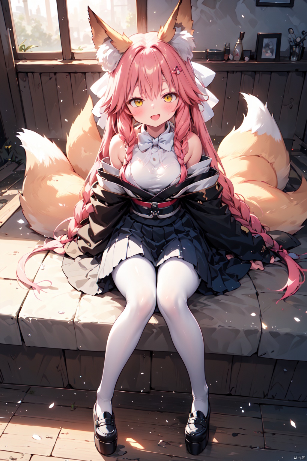 (masterpiece:1.1), (best quality:1.2), highres, original, extremely detailed wallpaper, 1girl, solo, (half-closed eyes), loli, school uniform, collared shirt, pleated skirt, unbuttoned,shy, hair bow, bowtie, very long hair, sitting, full body, pink hair, yellow eyes, animal ears, twintails, （fox ears, fox Tail）, hair ornament,white pantyhose, yellow bow, braid, bare shoulders, white pantyhose, platform footwear,weapon, Samurai Sword, serafuku, loafers, white thighhighs, ray tracing, tamamo