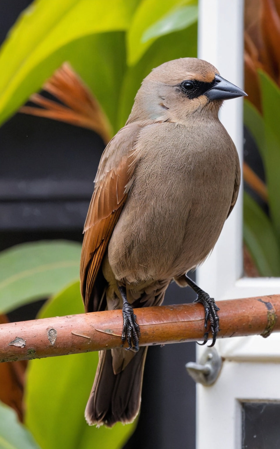 Professional photo,  realistic,  bird sitting on an sill. BREAK It's a cute bird about 7 inches long on Tensor.Art
