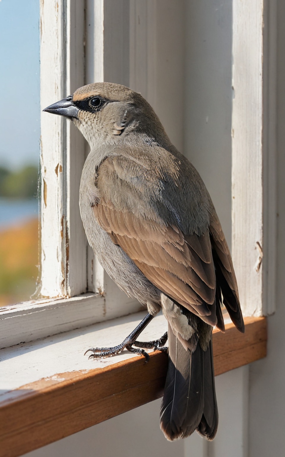 Professional photo,  realistic,  bird sitting on an sill. BREAK It's a cute bird about 7 inches long on Tensor.Art
