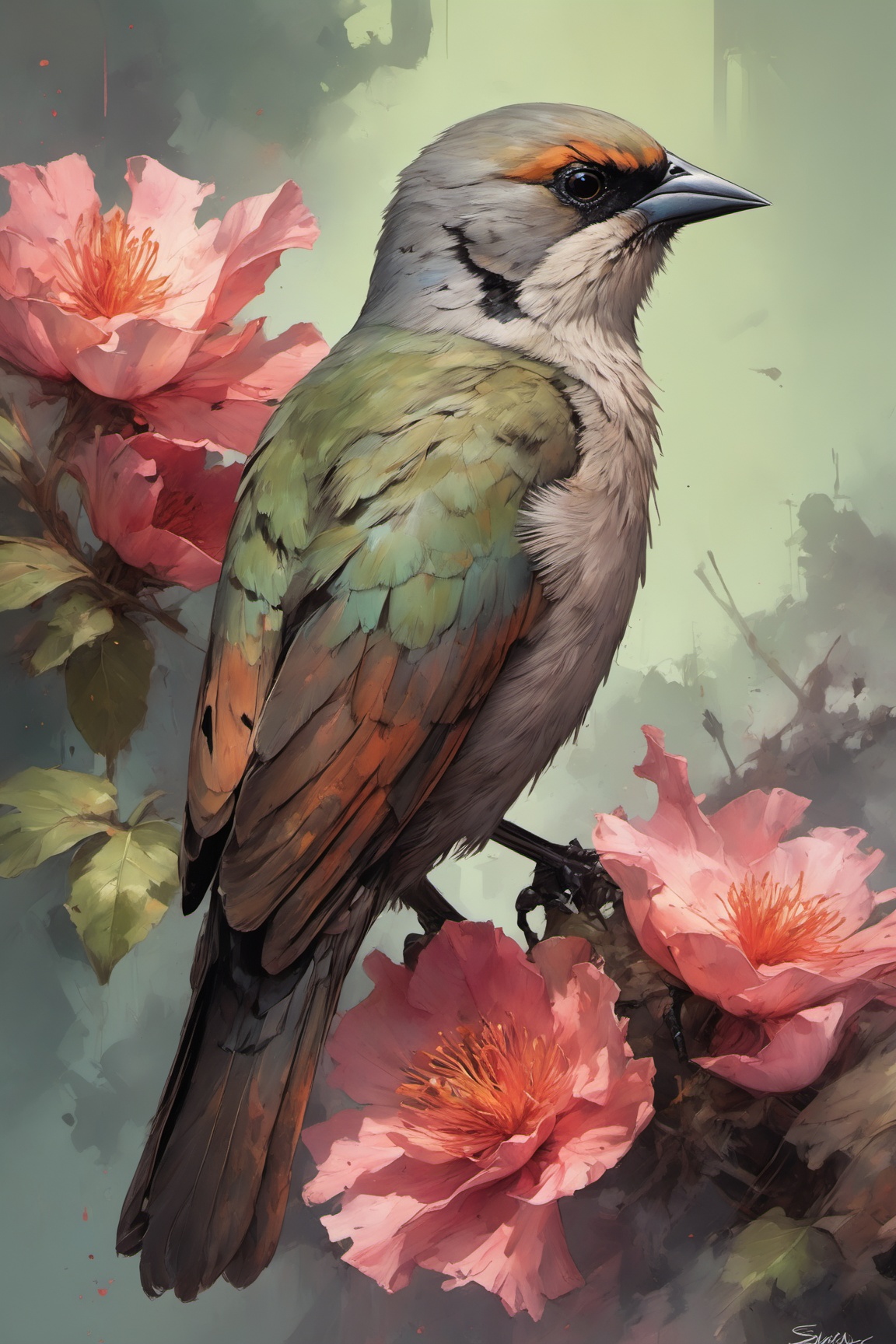 Highly detailed and hyper-realistic painting portrait of a Grayish Baywing. BREAK It's a cute bird about 7 inches long,  w...