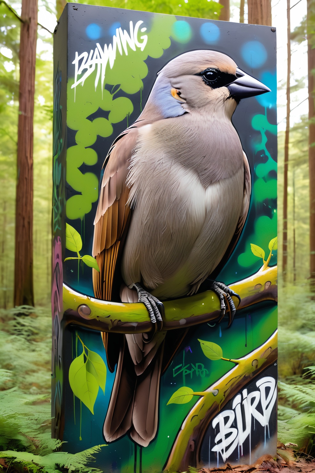 a graffiti wall,  the artwork of a Grayish Baywing bird with detailed features,  in an epic forest landscape on Tensor.Art