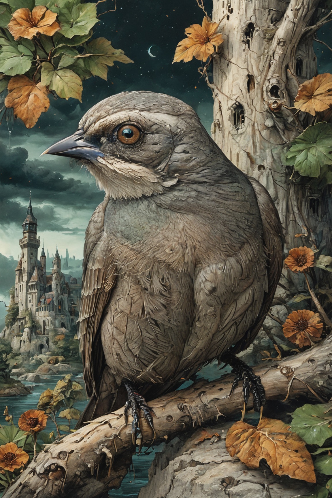 Highly detailed and hyper-realistic painting portrait of a Grayish Baywing. BREAK It's a cute bird about 7 inches long,  w...
