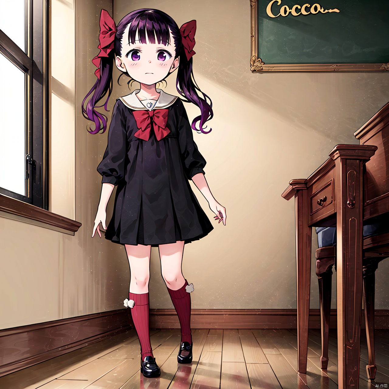  masterpiece, best quality, 1girl, loli,Cocoa,solo, long hair, black hair,bow, twintails, purple eyes, purple hair, hair bow, School uniform,full body,