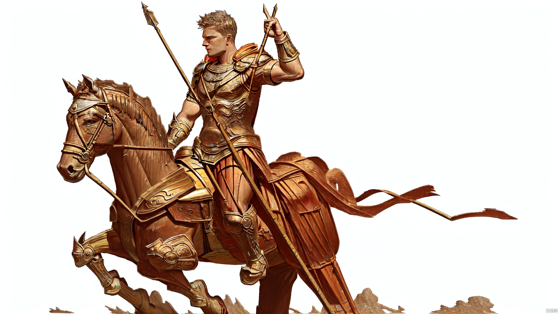  Achilles, Holding a spear and riding a war horse, charging on the battlefield, heroic, majestic, war, ancient Greece, oblique front view, Achilles