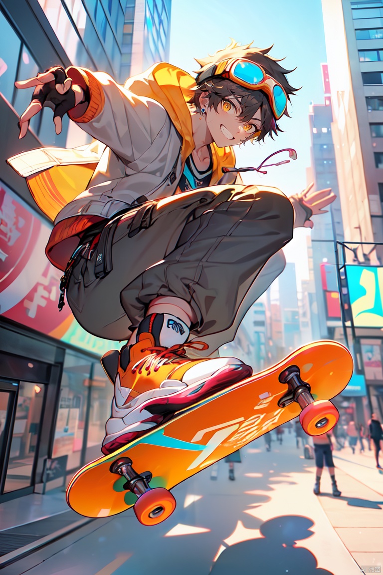 (\a suo\), skateboard, 1boy, male focus, smile, gloves, solo, goggles, sneakers, fingerless gloves, goggles on head, jacket, outdoors, grin, looking at viewer, pants, sky, short hair, roller skates, skates, shoes, black gloves, building, yellow eyes, day, orange eyes, inline skates, midair, city, hood, brown hair
