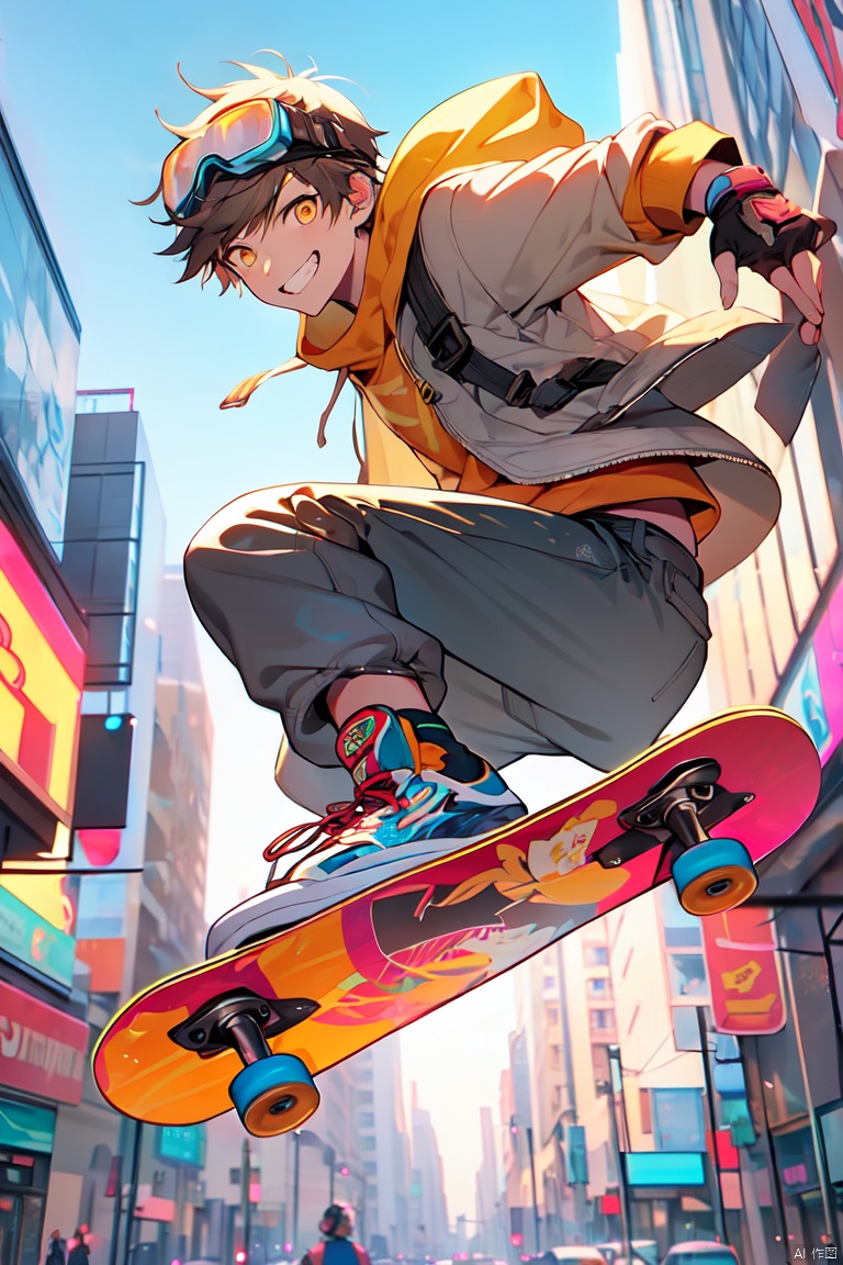(\a suo\), skateboard, 1boy, male focus, smile, gloves, solo, goggles, sneakers, fingerless gloves, goggles on head, jacket, outdoors, grin, looking at viewer, pants, sky, short hair, roller skates, skates, shoes, black gloves, building, yellow eyes, day, orange eyes, inline skates, midair, city, hood, brown hair