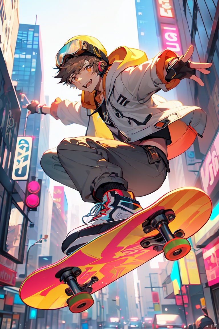 (\a suo\), skateboard, 1boy, male focus, hood, solo, goggles, gloves, sneakers, smile, outdoors, fingerless gloves, pants, jacket, shoes, looking at viewer, brown hair, city, open mouth, building, hoodie, short hair, goggles on head, teeth, hooded jacket, black gloves, hood up