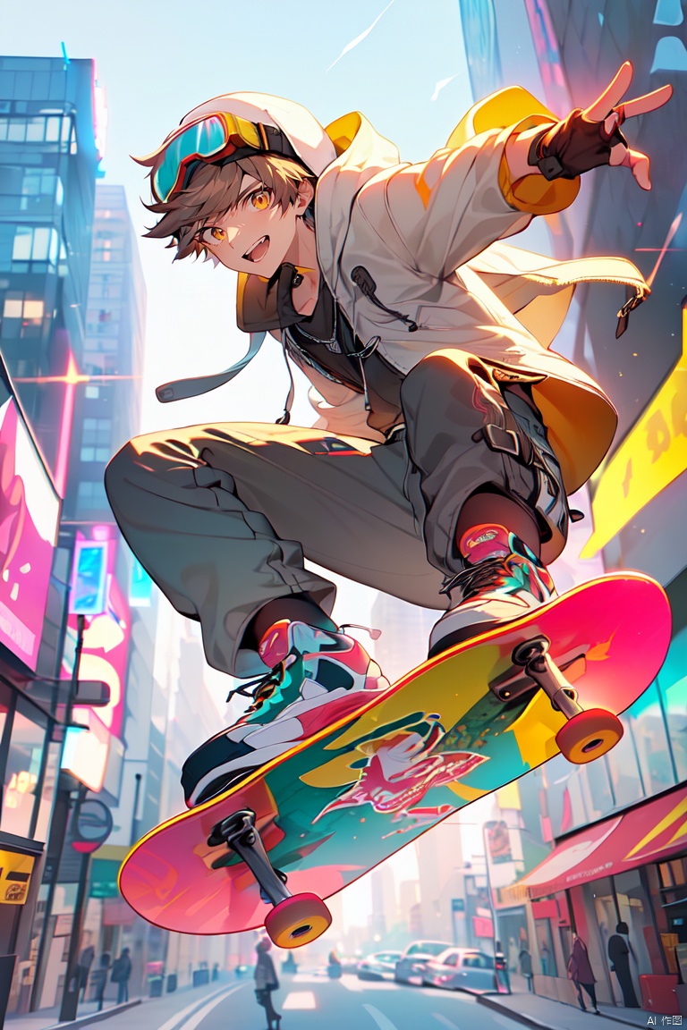 (\a suo\), skateboard, 1boy, male focus, hood, solo, goggles, gloves, sneakers, smile, outdoors, fingerless gloves, pants, jacket, shoes, looking at viewer, brown hair, city, open mouth, building, hoodie, short hair, goggles on head, teeth, hooded jacket, black gloves, hood up