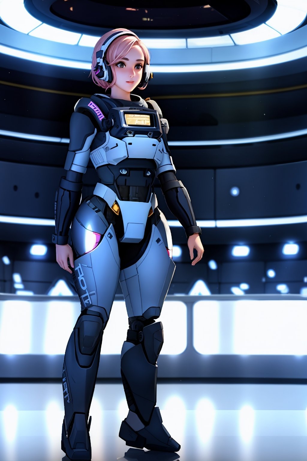 1 girl,solo,in the audience,short hair,full body,pink hair,armor,tights,science fiction,glowing ring behind giant clock shape,HD,32k,<lora:莉达:0.7>,